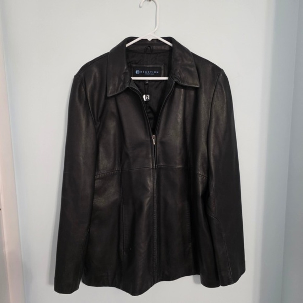 Kenneth Cole Reaction Womens XL Black Leather Full Zip Jacket Point Collar Coat